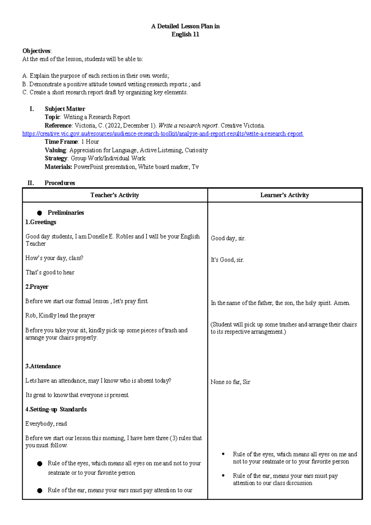 Lesson Plan: Writing a Research Report for English 11 - Studocu