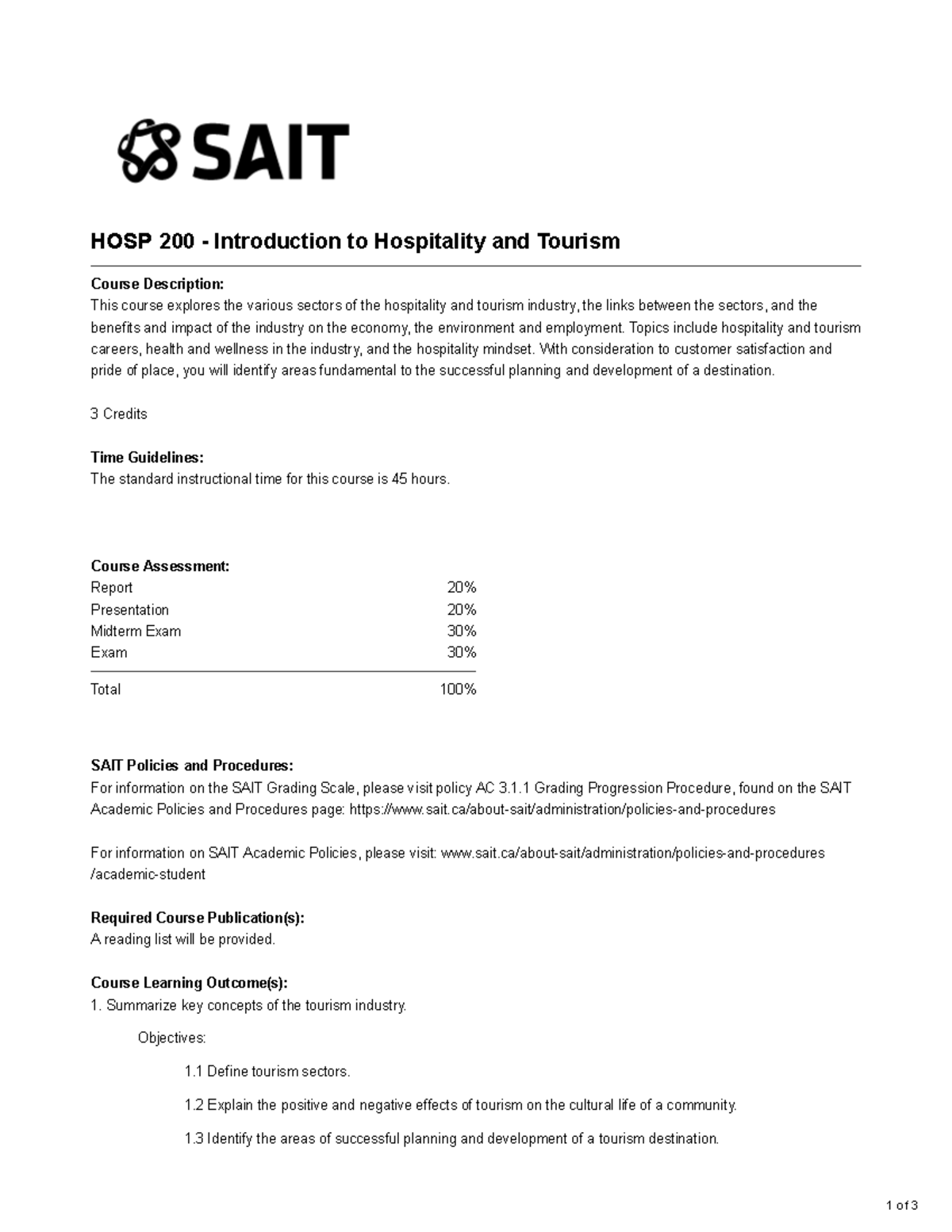Course Outline HOSP 200 - HOSP 200 - Introduction to Hospitality and ...
