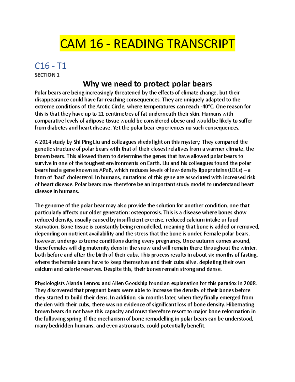 CAM 16 READING TRANSCRIPT C16 T1 SECTION 1: The Importance of Polar ...