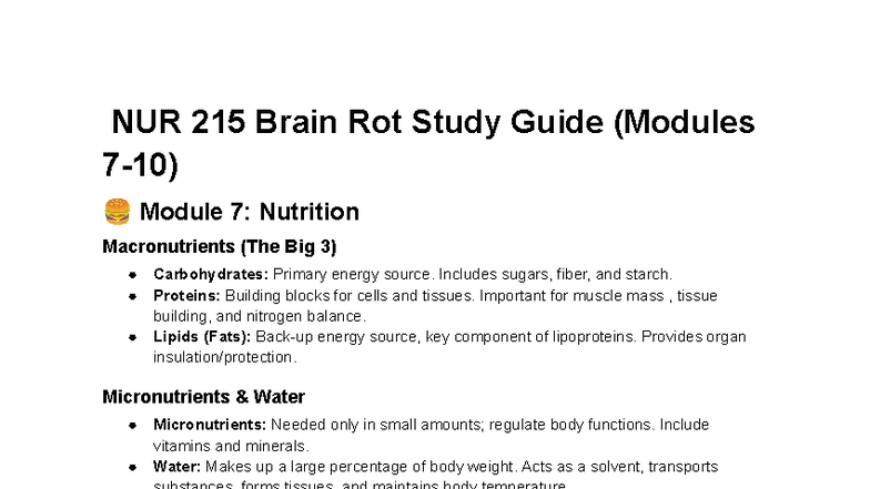 NUR 215 Study Guide: Modules 7-10 on Nutrition & Sleep Disorders - Studocu