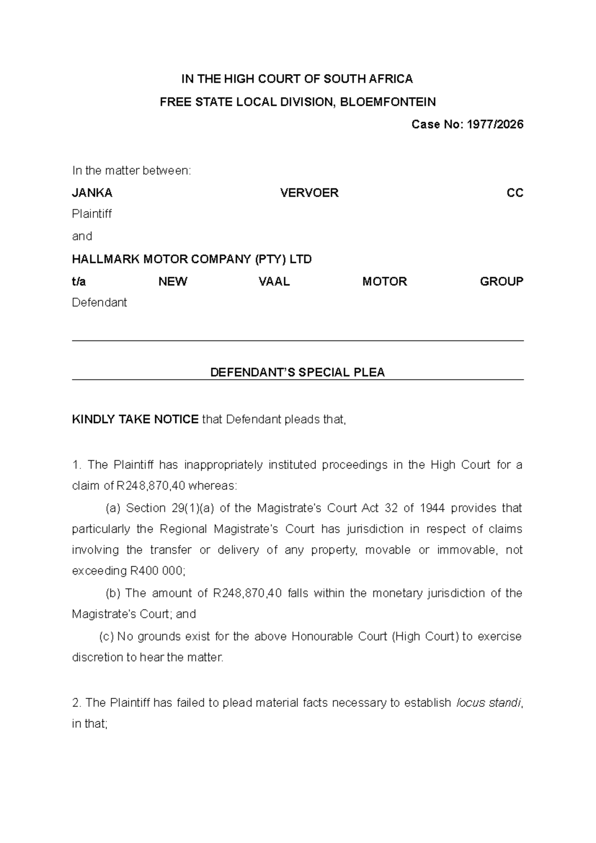Defendant's Plea & Counterclaim in Case No: High Court of SA - Studocu