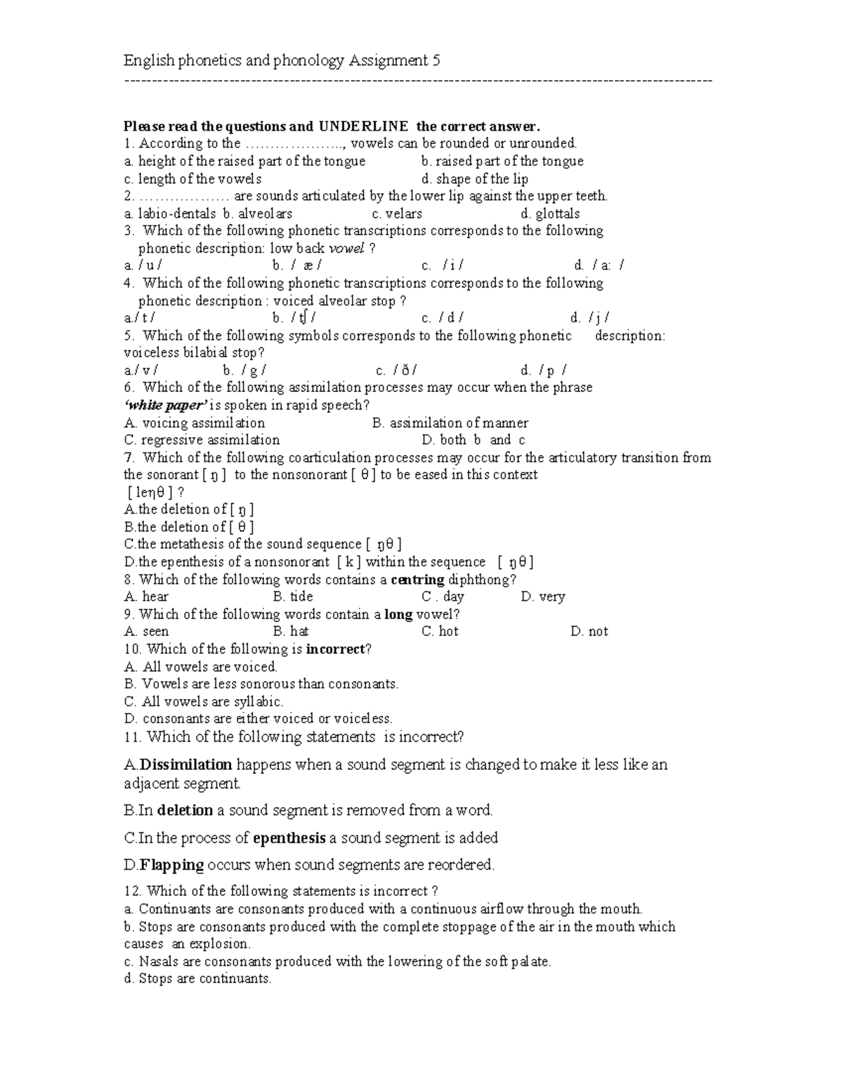 English phonetics and phonology assignment 5 questions and answers ...