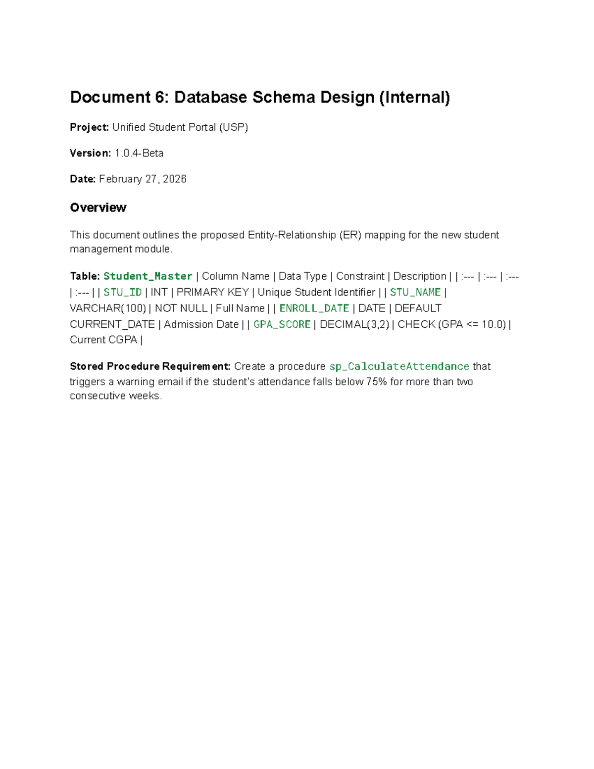 Practice Material - Document 6: Database Schema Design (Internal ...