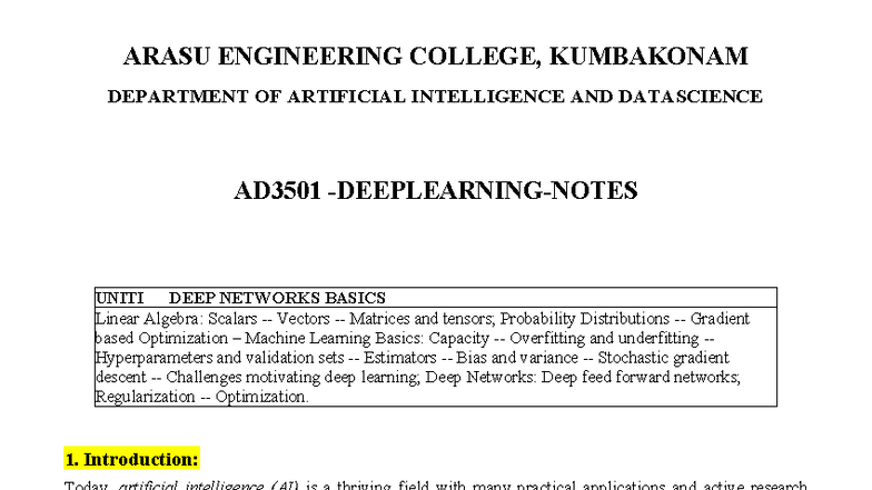 AD3501 Deep Learning Notes: Unit 1 - Foundations and Concepts - Studocu