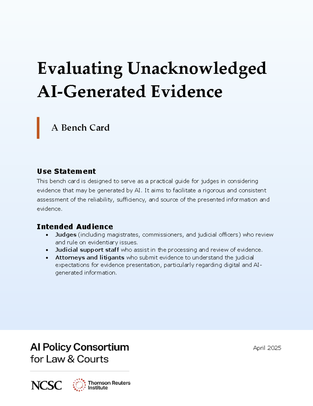 Bench Card: Evaluating Unacknowledged AI-Generated Evidence - Studocu