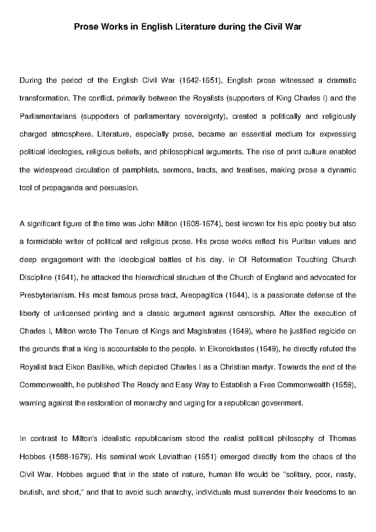 Prose Works in English Literature During the Civil War Era - Studocu
