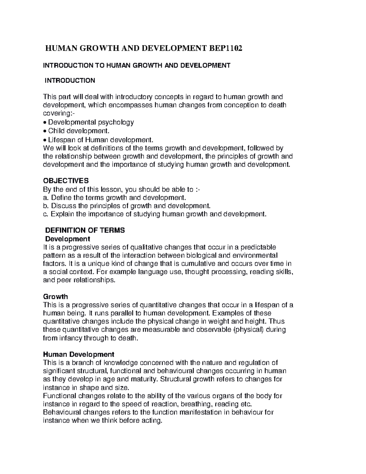 BEP 3409 Human Growth and Development Lecture Notes Overview - Studocu