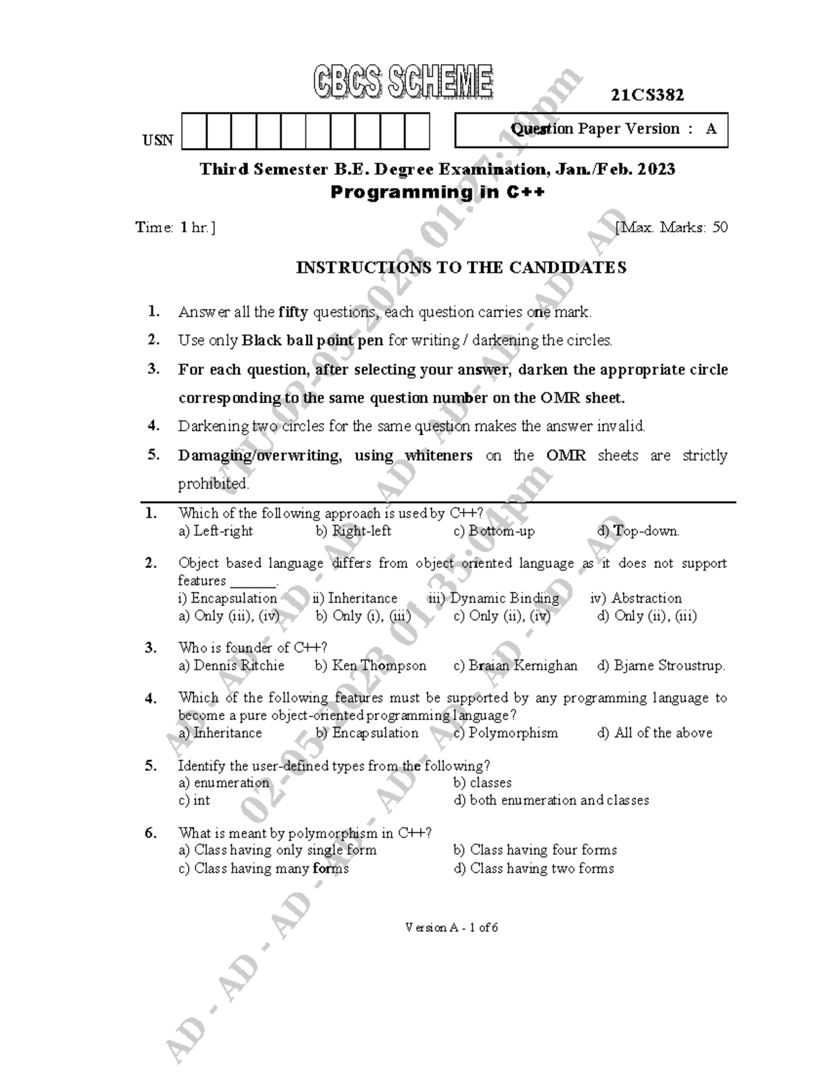 21CS382 C++ Programming Question Paper - Jan-Feb 2023 Version A - Studocu
