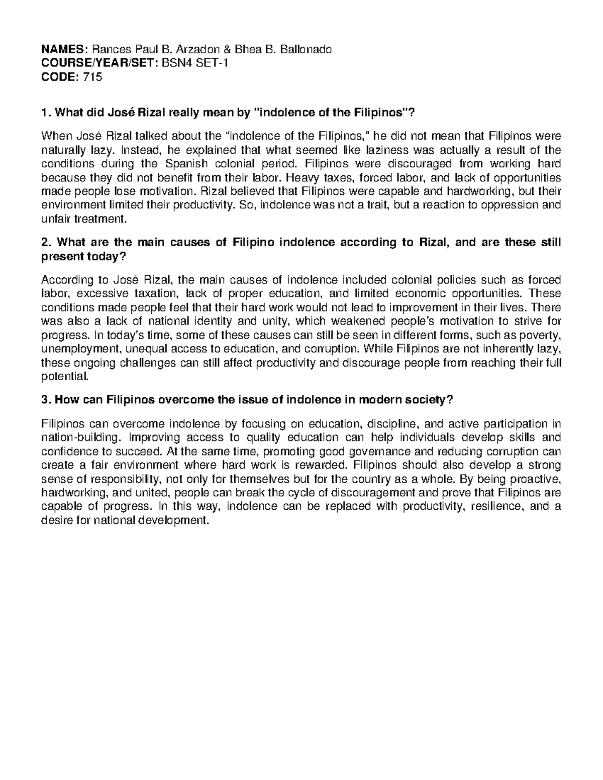 Rizal's Reflection on Filipino Indolence: Insights & Solutions (BSN4 ...