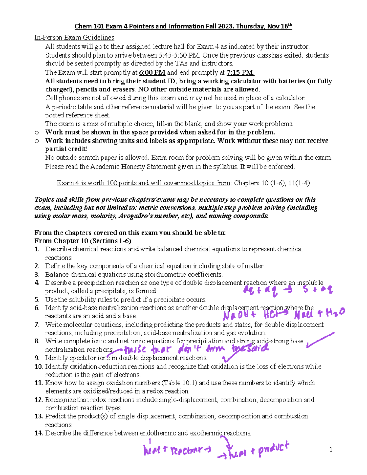 CHEM 101 Exam 4 Pointers Fall 2023 - Chem 101 Exam 4 Pointers and ...
