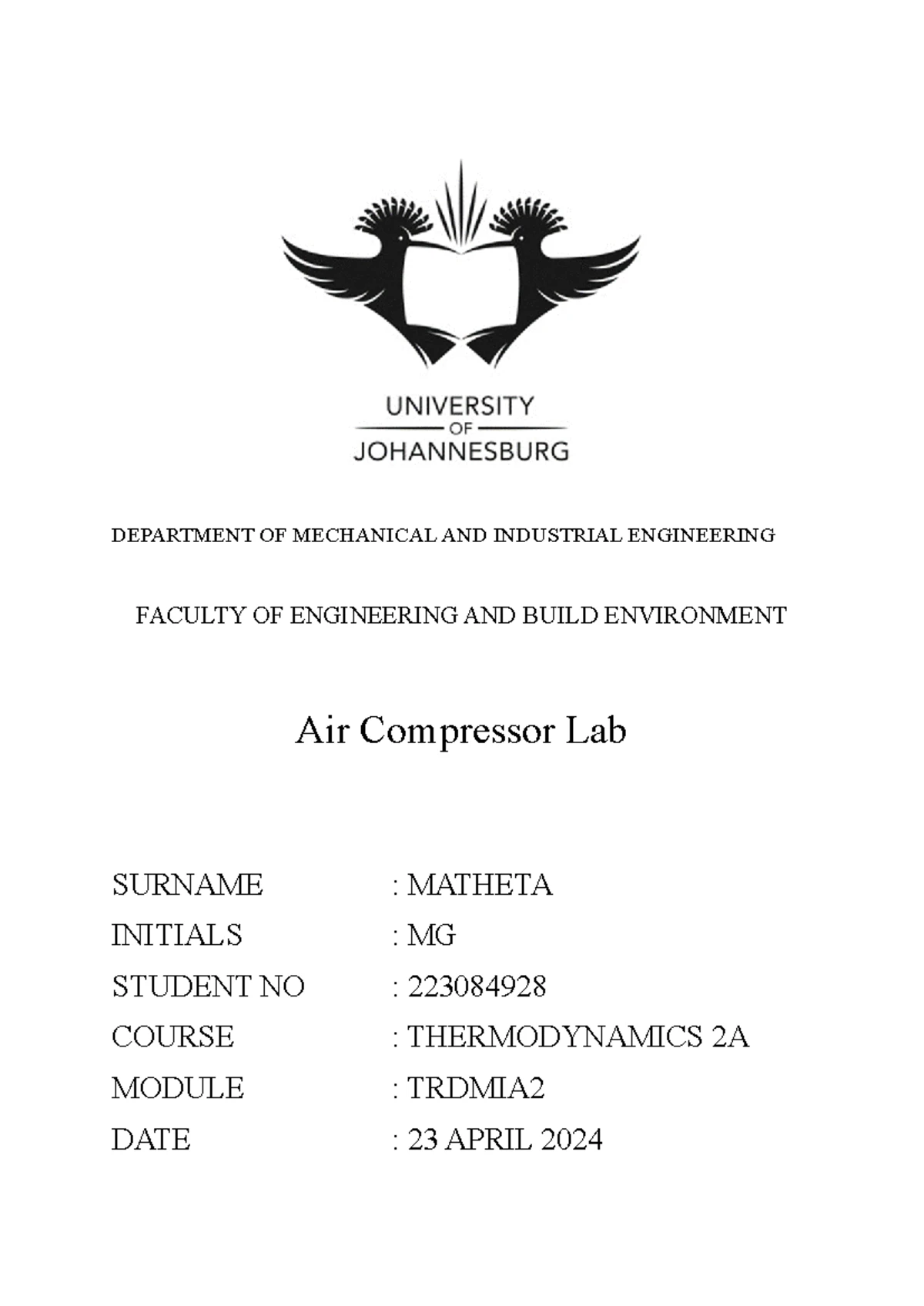 Compressor Lab Report: Air Compression Index & Efficiency (TRDMIA2 ...
