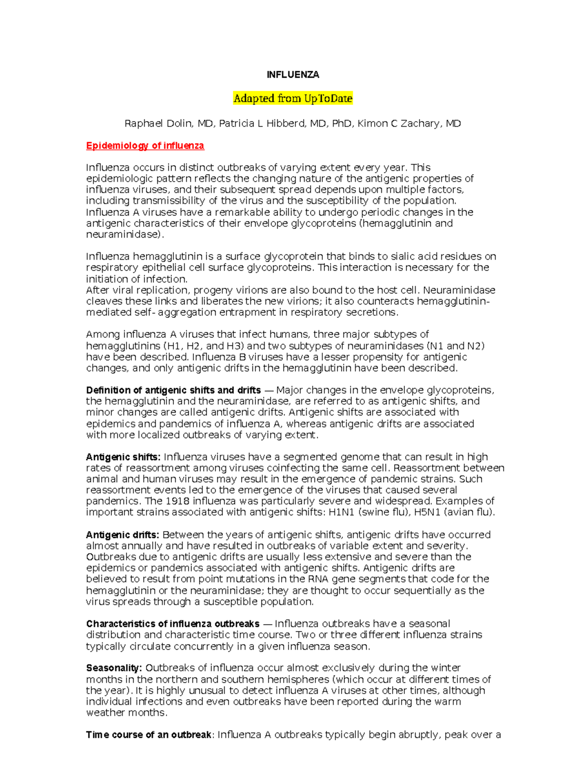 Influenza Epidemiology and Treatment: Key Points Summary - Studocu