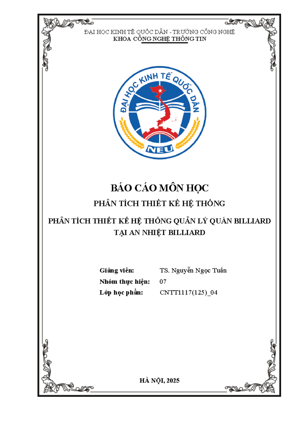 Phân Tích Thiết Kế Hệ Thống Quản Lý Quán Billiard - Môn Học: PTHT 2025 ...