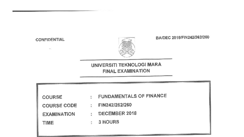 FIN 242 Final Exam Paper - Fundamentals of Finance, Dec 2018 - Studocu