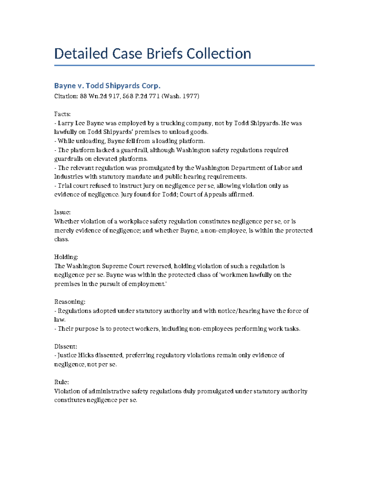 Case Briefs Collection: Bayne v. Todd Shipyards & Others - Studocu