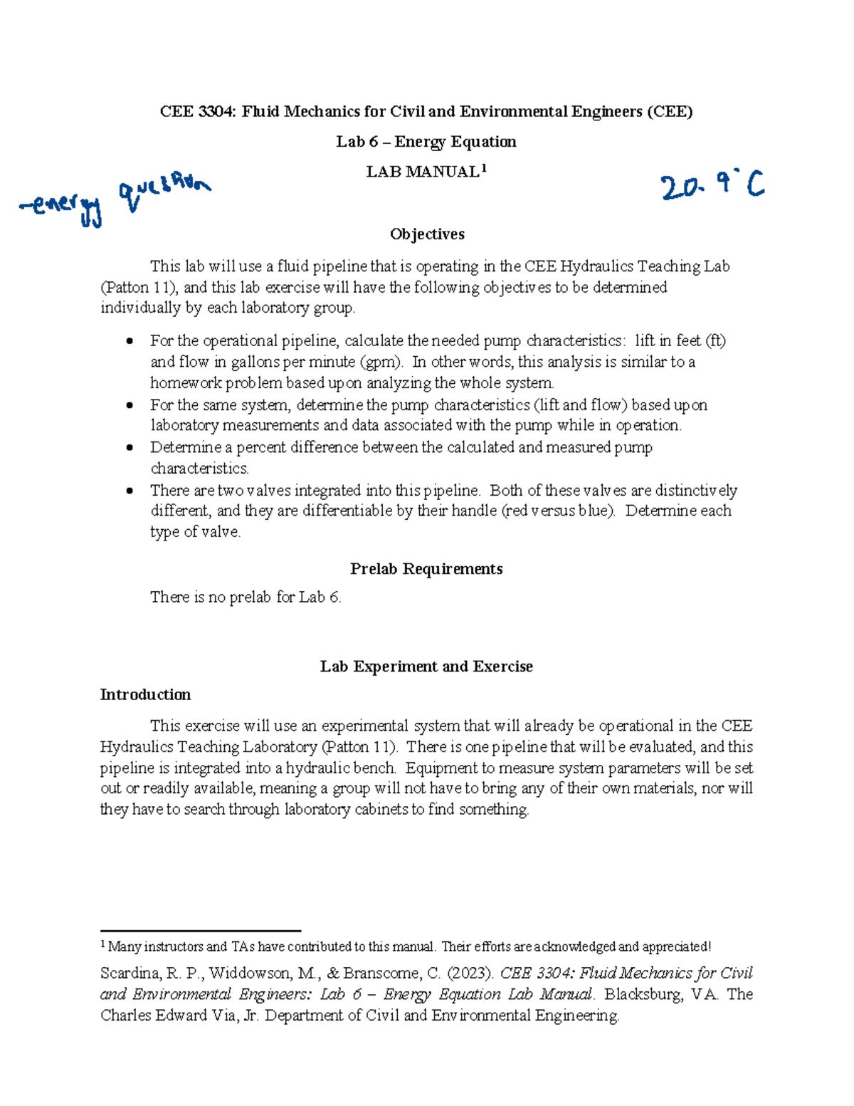 CEE 3304: Lab 6 Manual on Energy Equation in Fluid Mechanics - Studocu