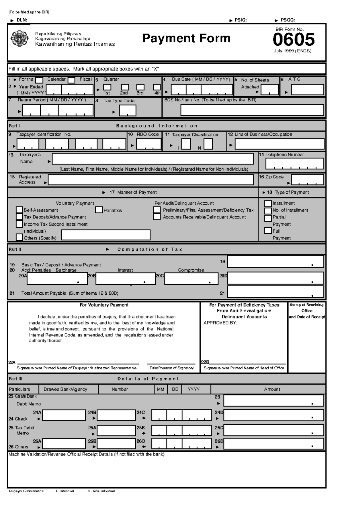 0605version 1999 09 - for bir - (To be filled up the BIR) DLN: PSIC ...