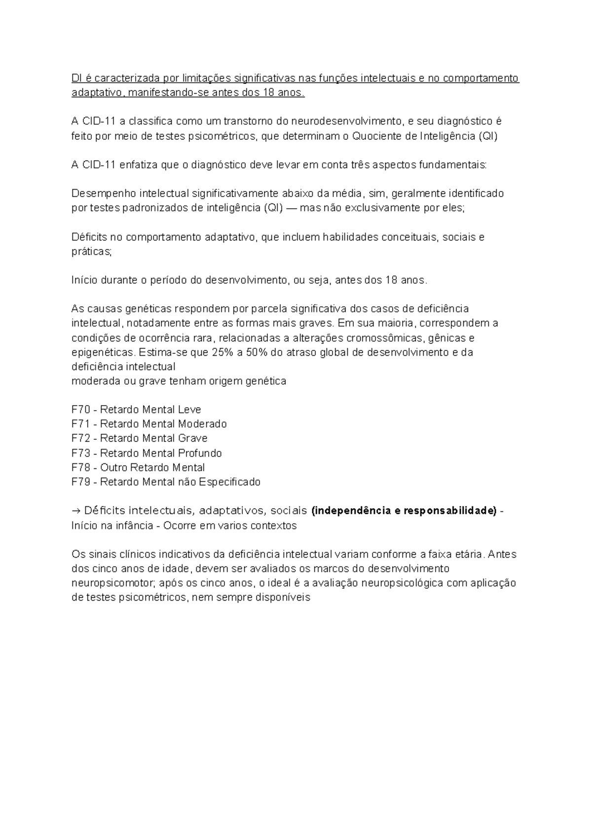 Prova 3: Deficiência Intelectual e Diagnóstico F70-F79 - Studocu