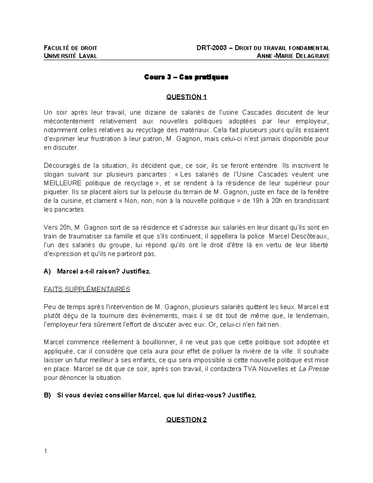 DRT 2003 - Cours 3: Cas Pratiques sur Droit du Travail - Studocu
