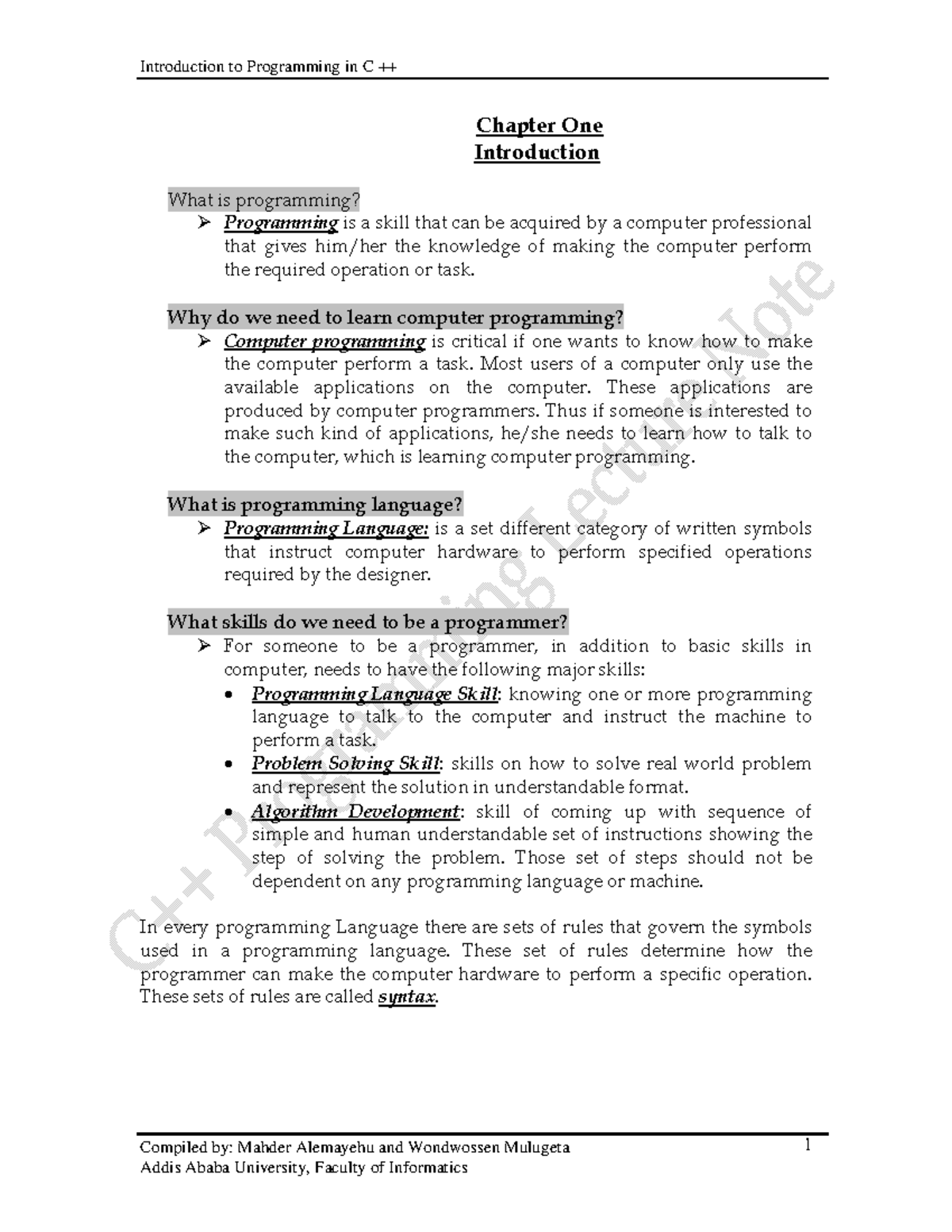 C++ Lecture Notes: Introduction to Programming (COMP 271 / CSCE 232 ...