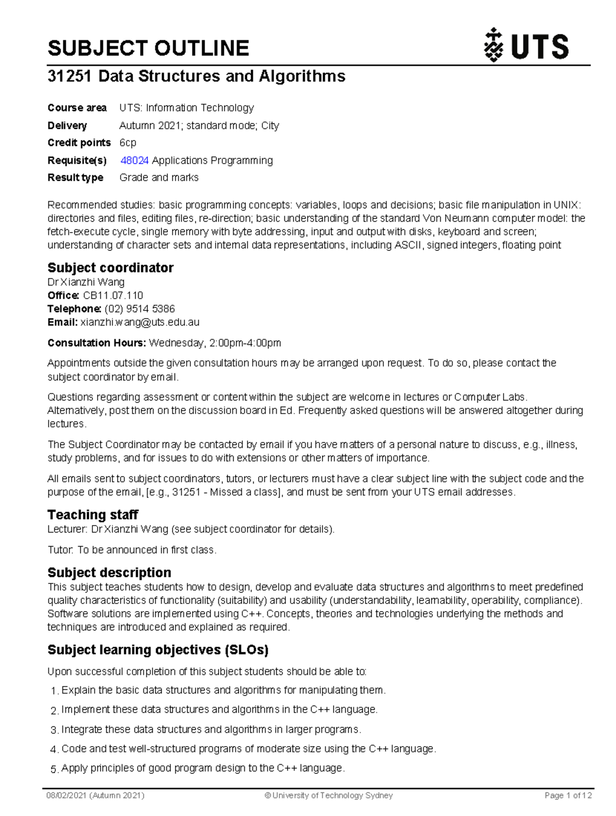 Subject Outline for 31251 Data Structures and Algorithms (Autumn 2021 ...