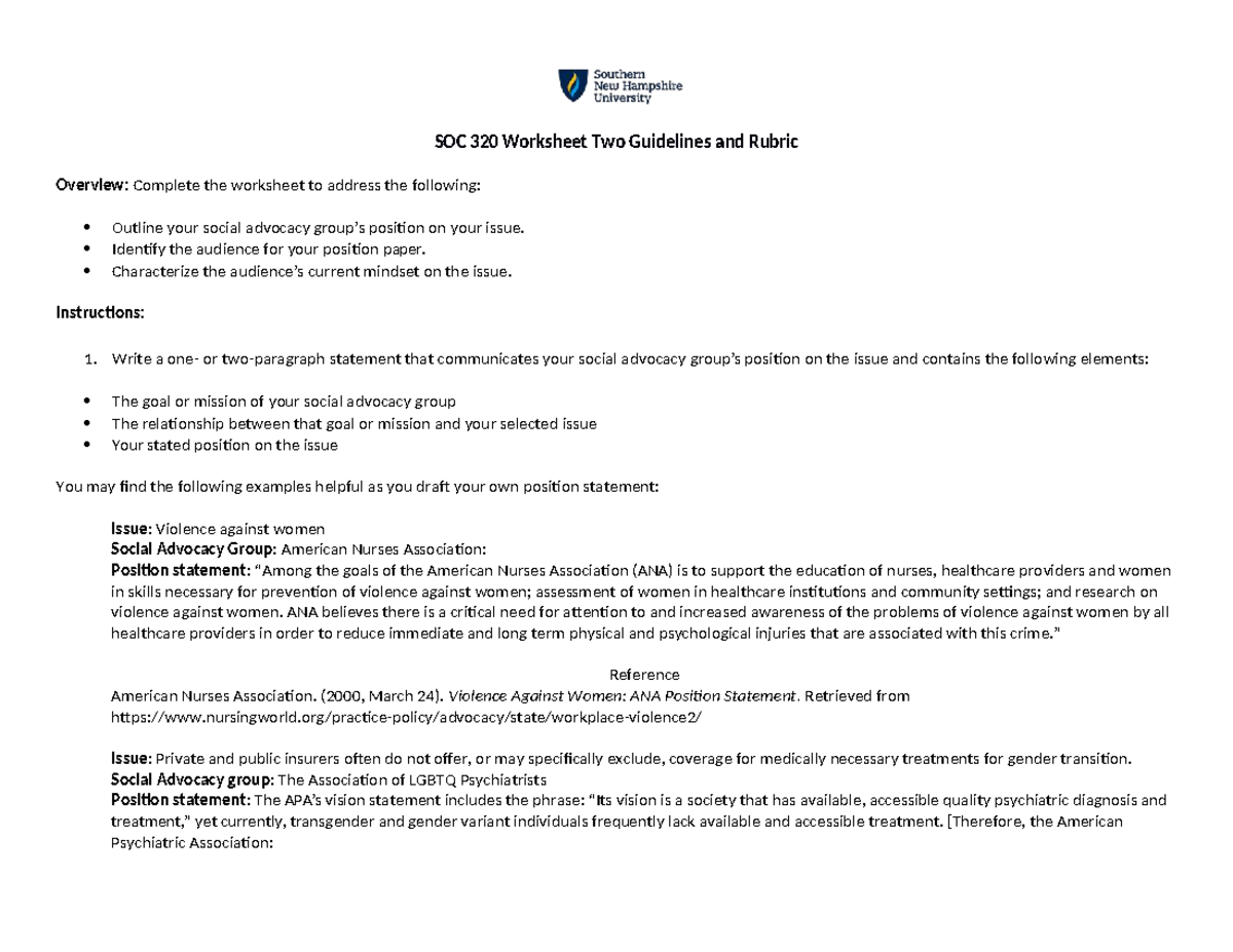 SOC 320 Social Advocacy Position Worksheet Guidelines and Rubric - Studocu