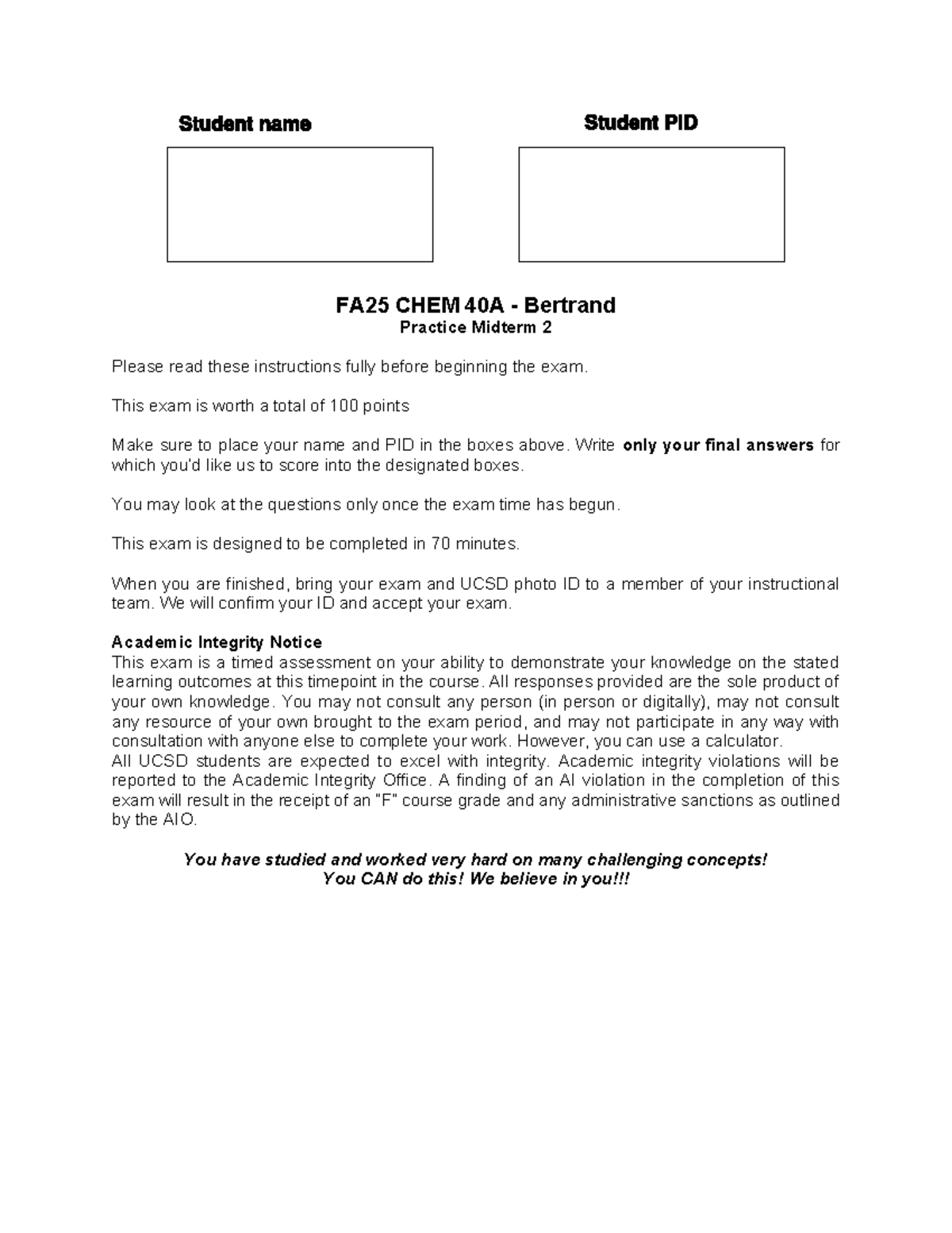 FA25 CHEM 40A Bertrand Practice Midterm 2 Study Guide - Studocu