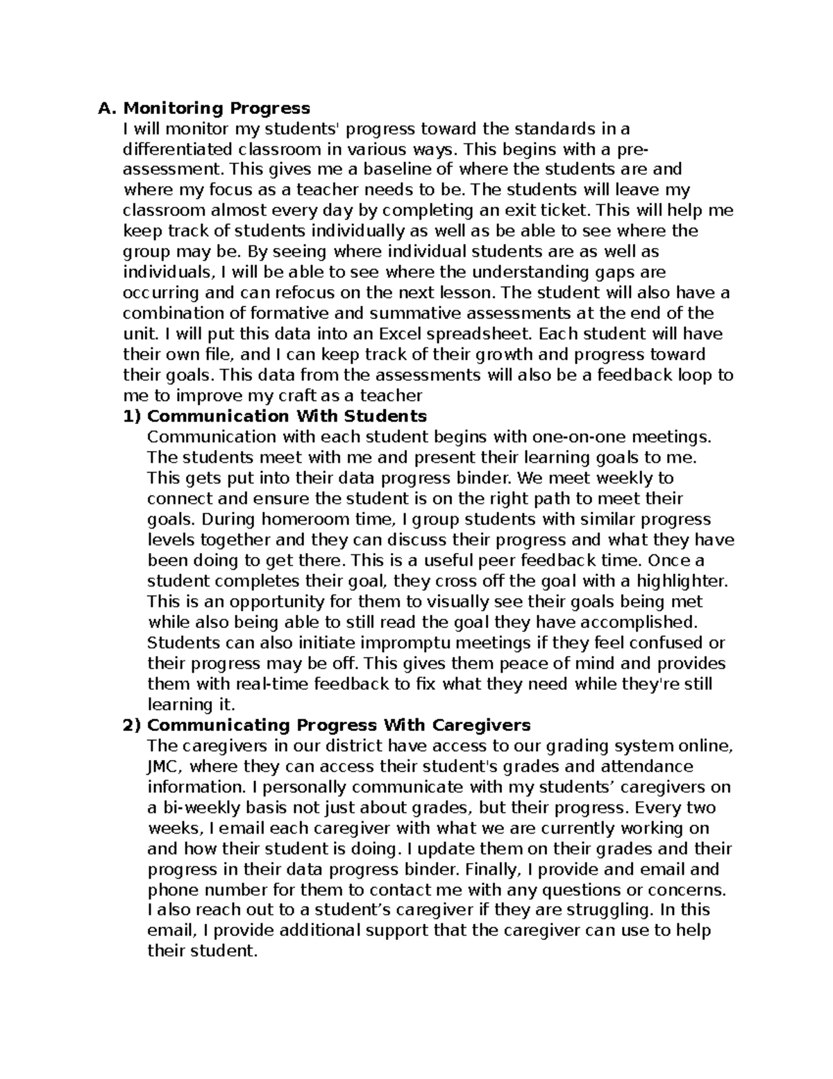 Monitoring Student Progress in a Differentiated Classroom - Task 4-D187 ...