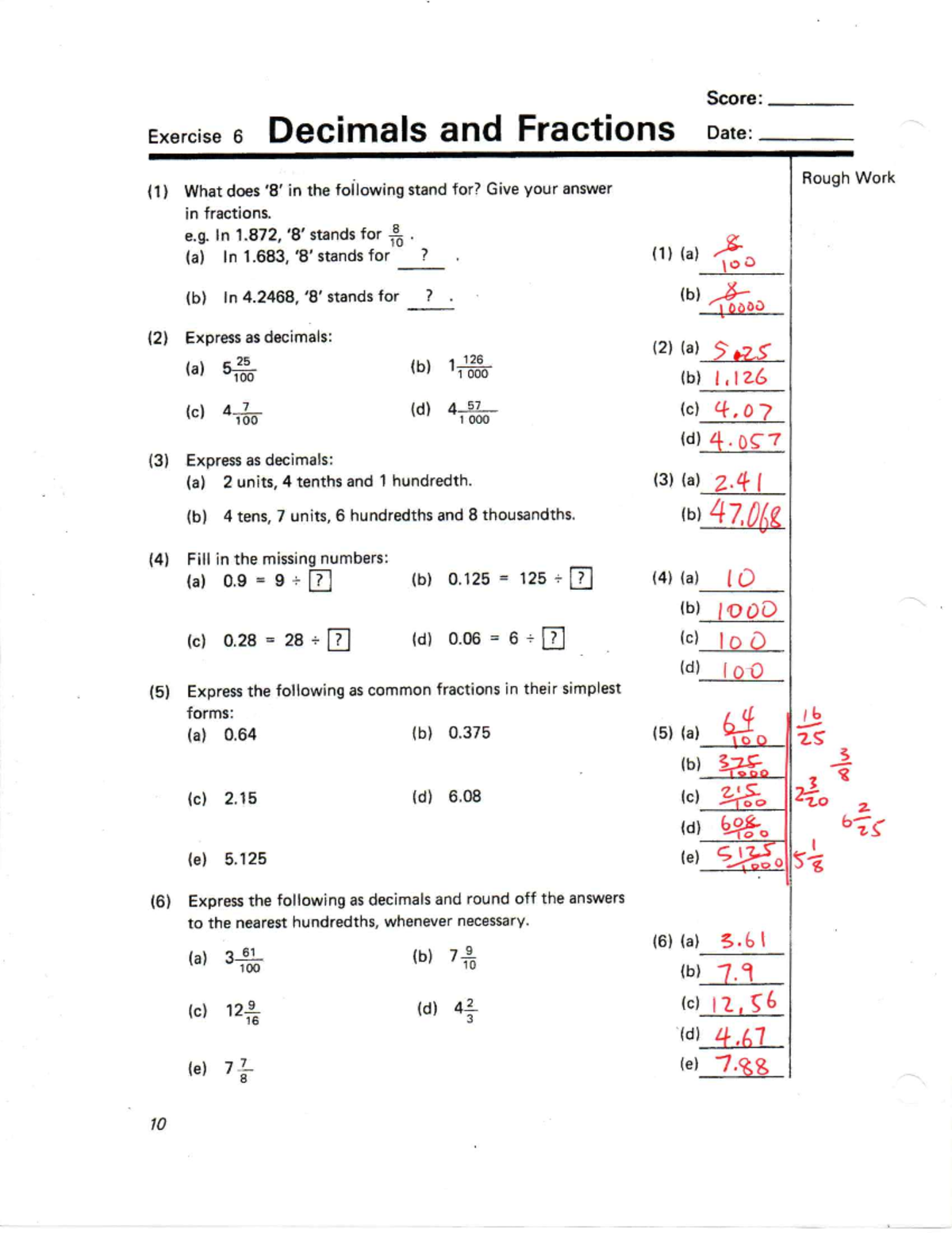 L10 - Wk 2 - Homework Answer Key: Decimals &amp; Fractions Exercise - Studocu
