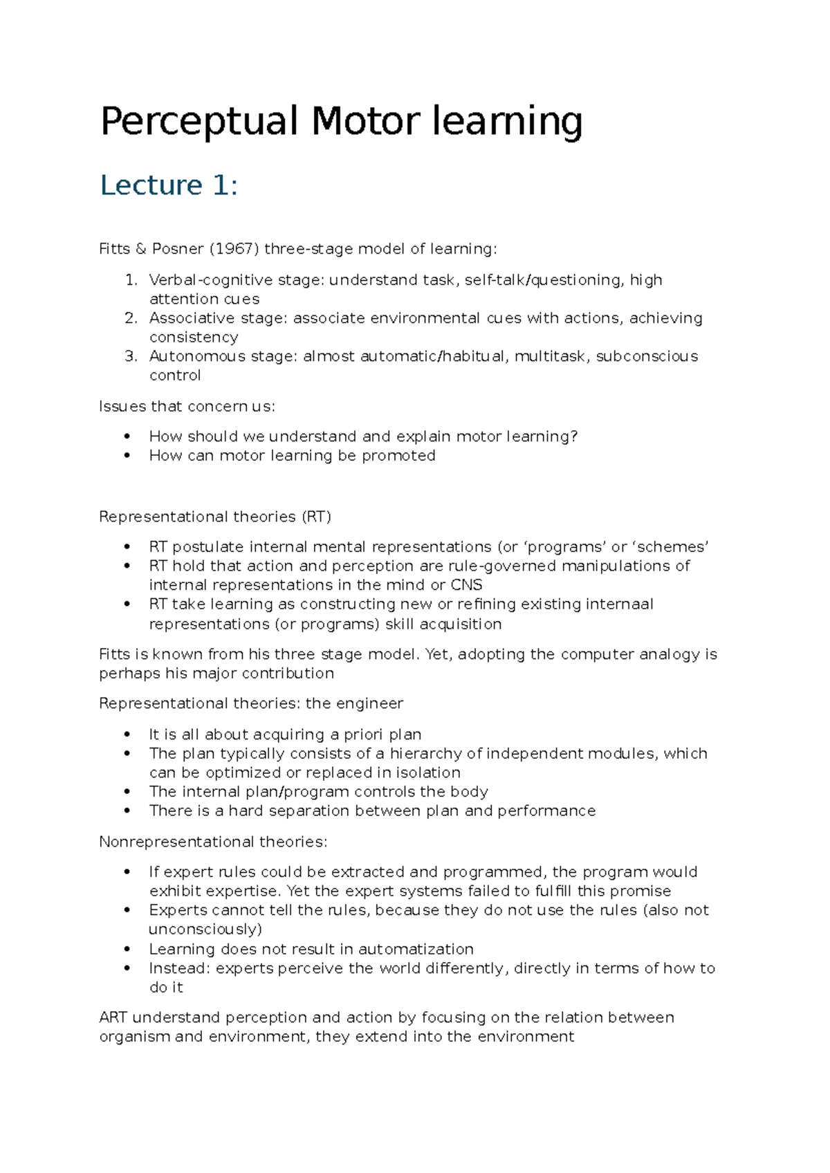 Motor Learning Lecture Notes PML: Fitts & Posner Model Insights ...