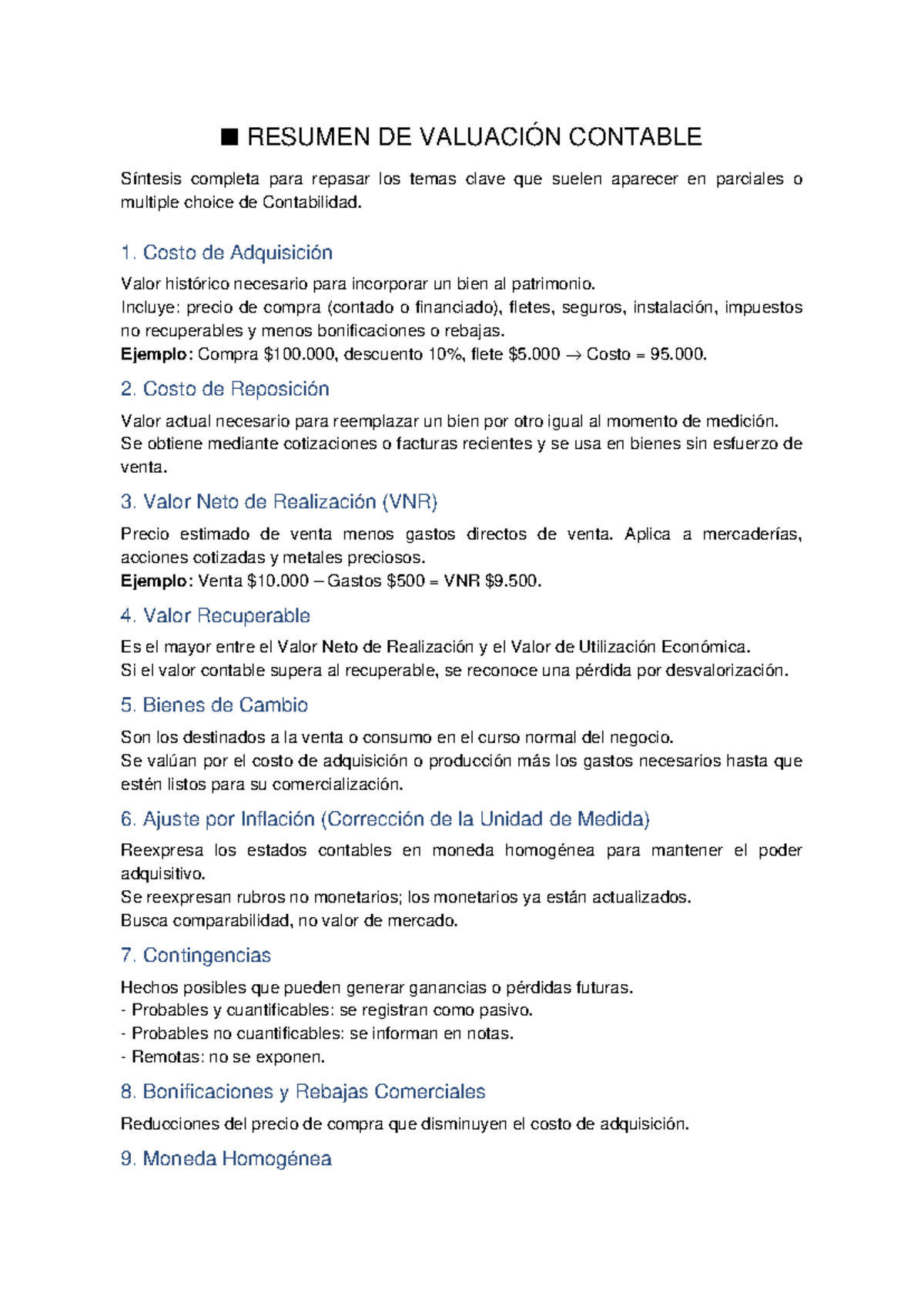 Resumen de Valuación Contable para Parciales de Contabilidad - Studocu