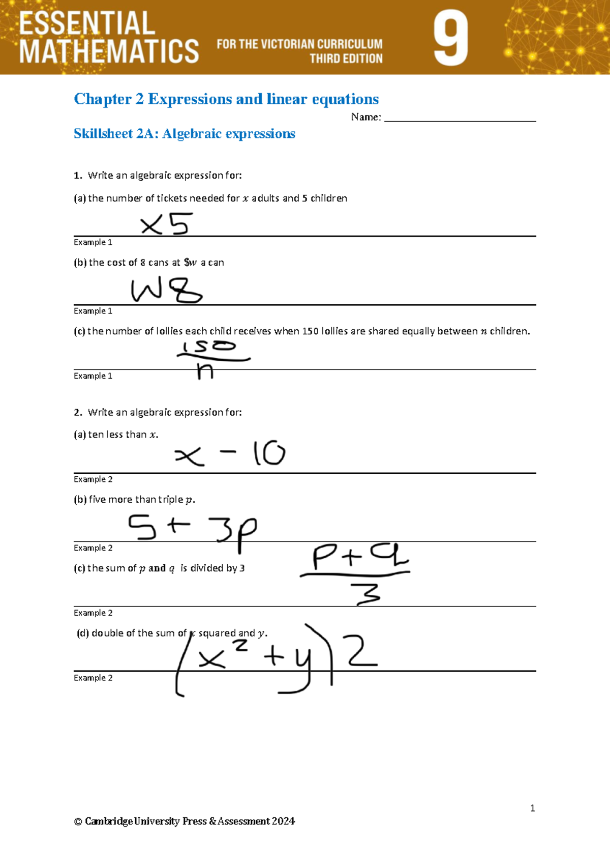 Linear Equations and Algebraic Expressions - Skillsheet 2 A & C - Studocu