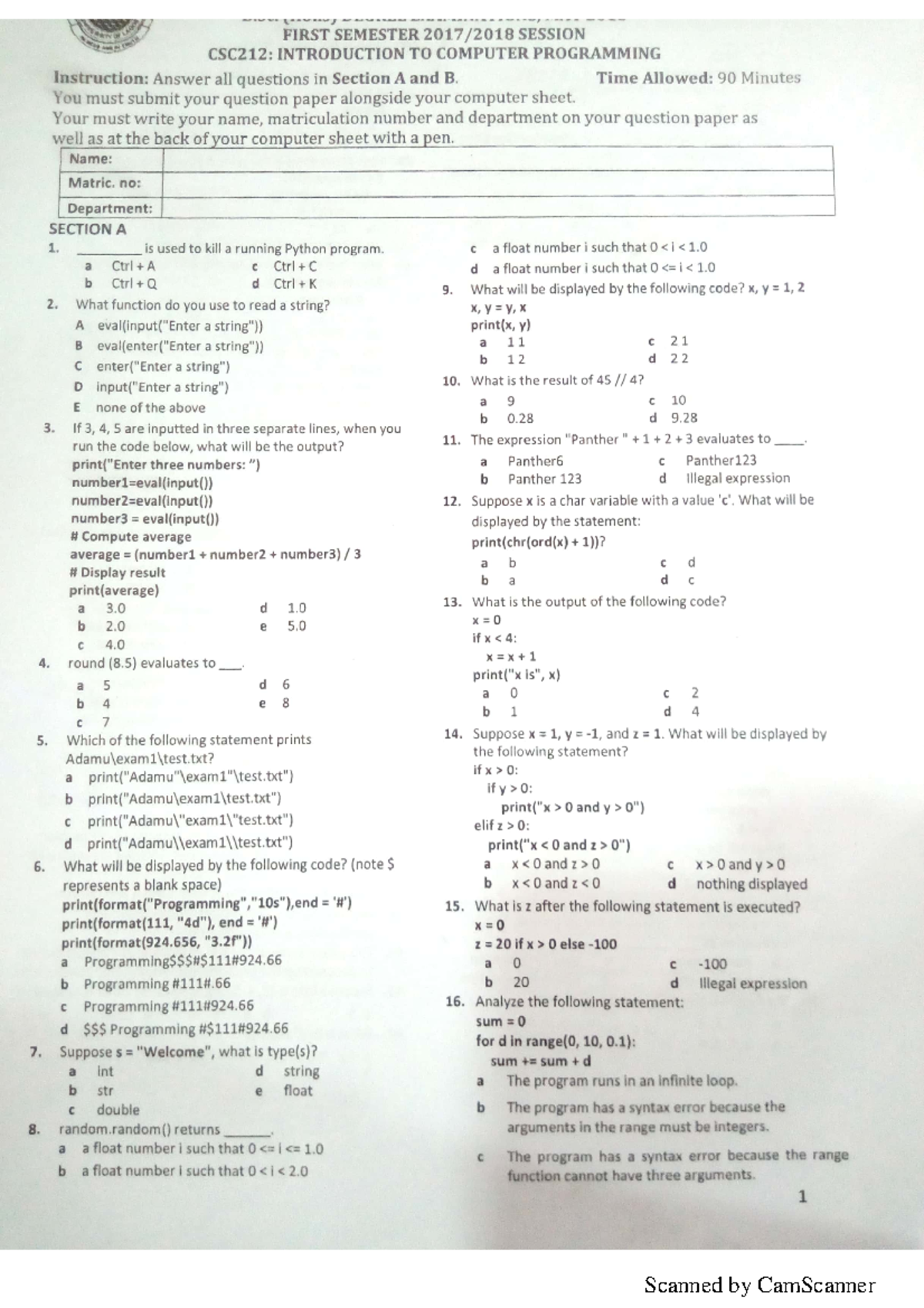 CSC212: Intro to Computer Programming - First Semester Exam Guide - Studocu