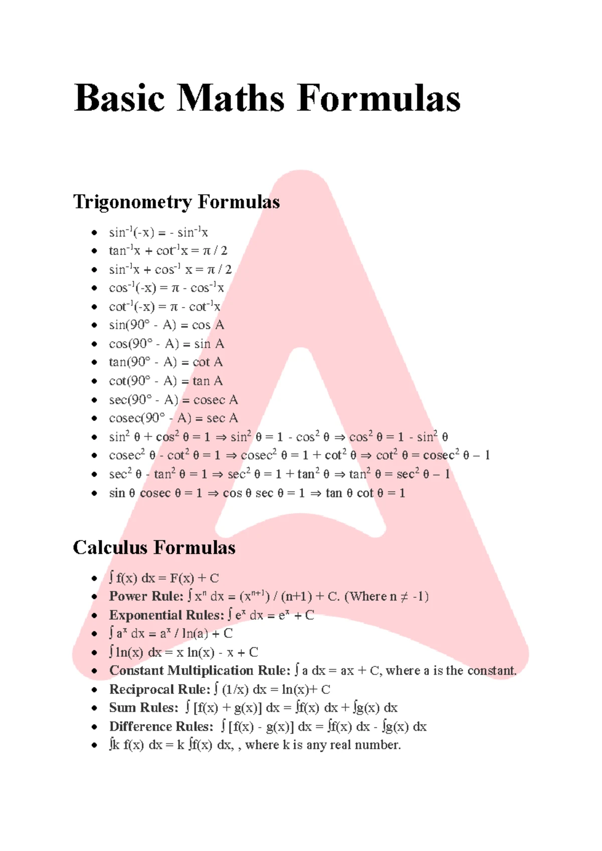 Maths Class 12: Essential Calculus & Trig Formulas - Studocu