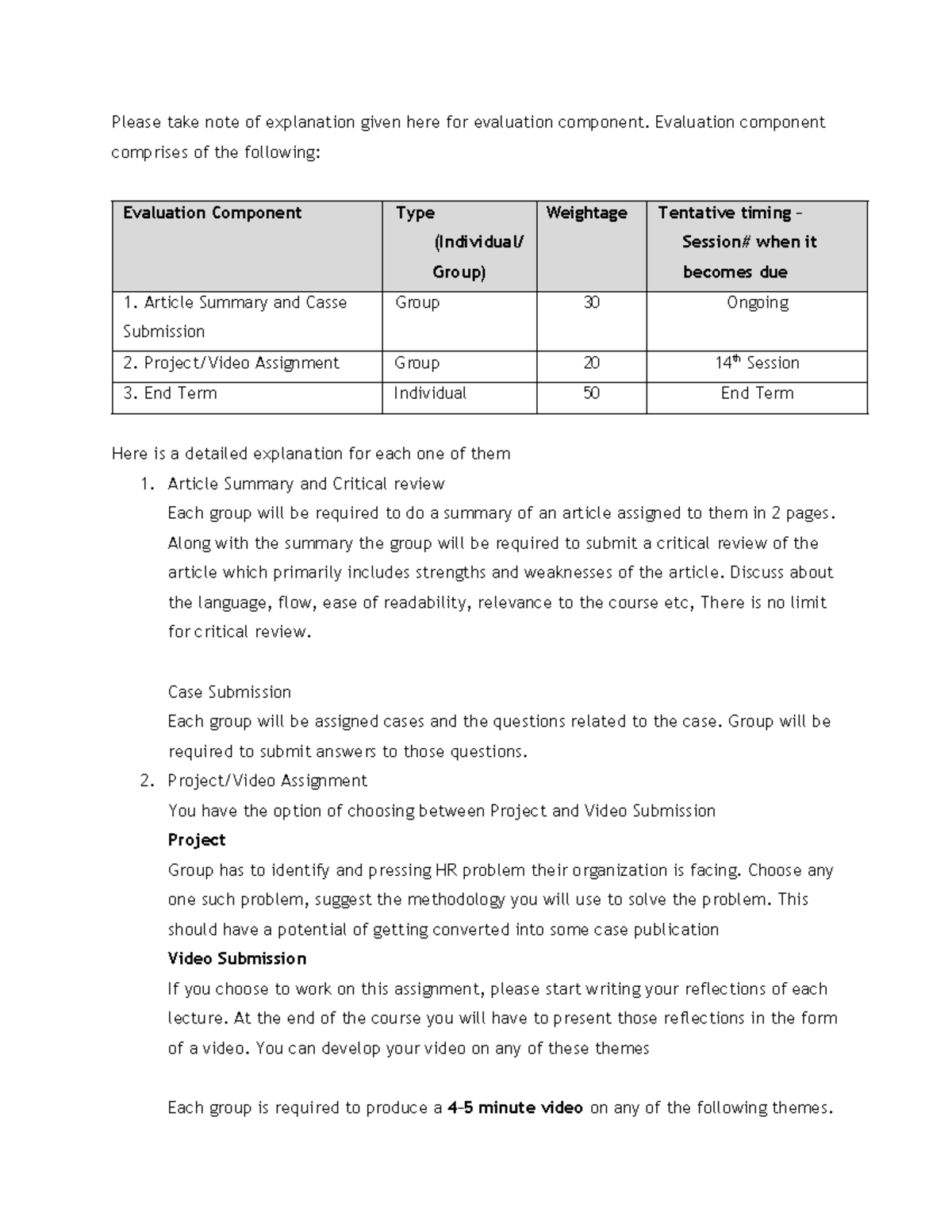Evaluation Component Breakdown for HRM Course (HRM 101) - Studocu