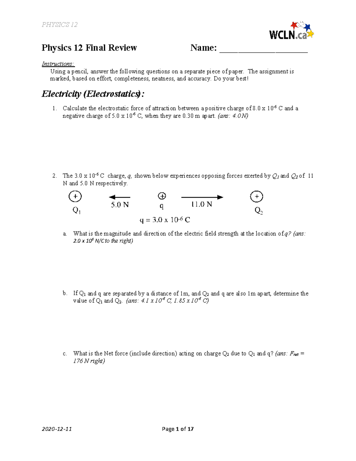 PH12 Final Exam Comprehensive Review on Electricity and Magnetism - Studocu