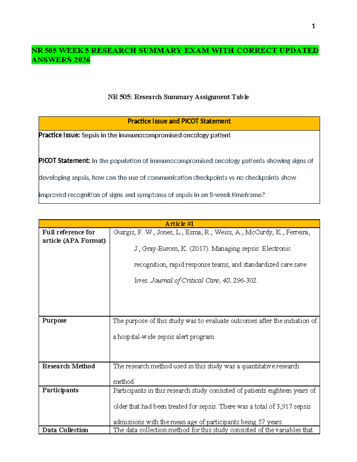 NR 505 WEEK 5 Research Summary on Sepsis in Oncology Patients - Studocu