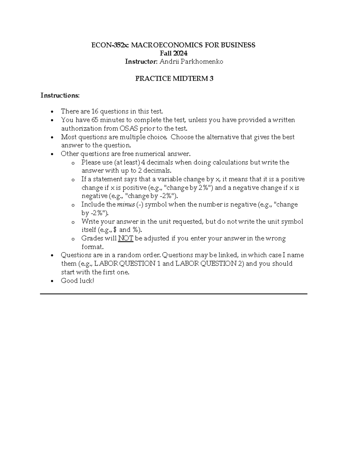 Midterm 3 practice - ECON-352x: MACROECONOMICS FOR BUSINESS Fall 202 4 ...