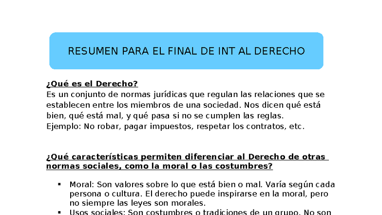 Resumen para el Final de INT 2023: Conceptos Clave del Derecho - Studocu