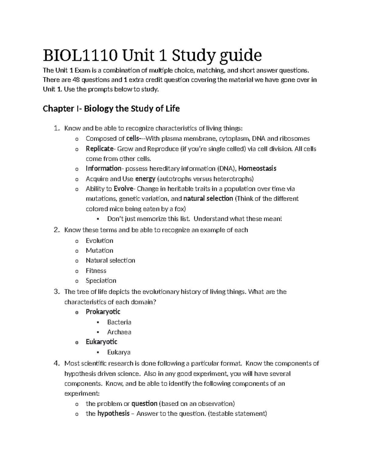BIOL1110 Unit 1 Exam Study Guide: Key Concepts & Topics - Studocu