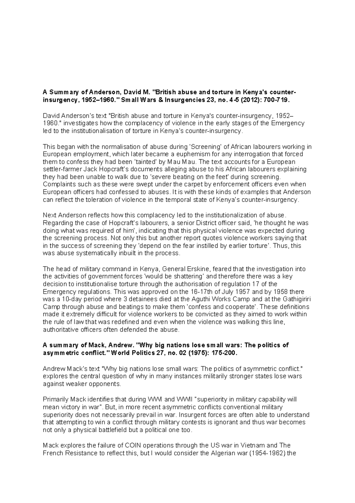 Week 3 Reading Summary: Anderson & Mack on Violence in ...