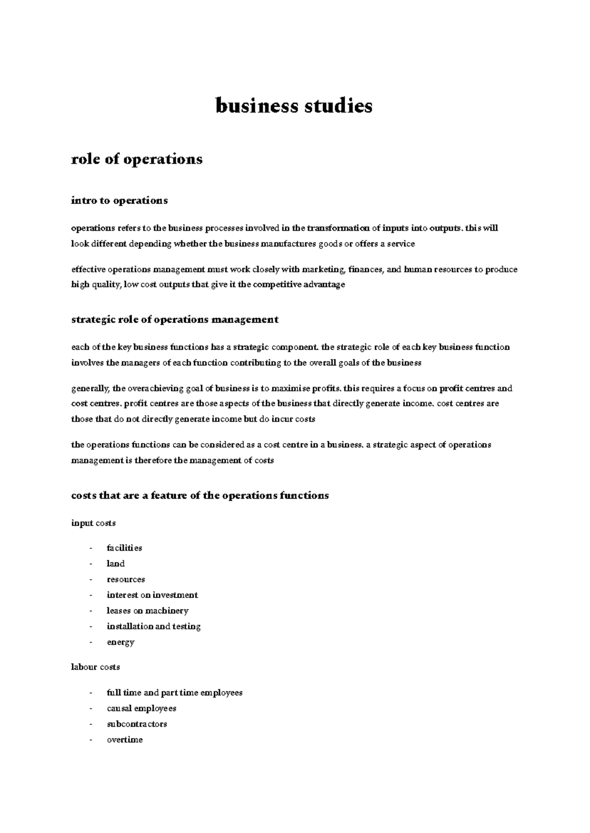 Yr 12 Business Studies: Strategic Role of Operations Management - Studocu