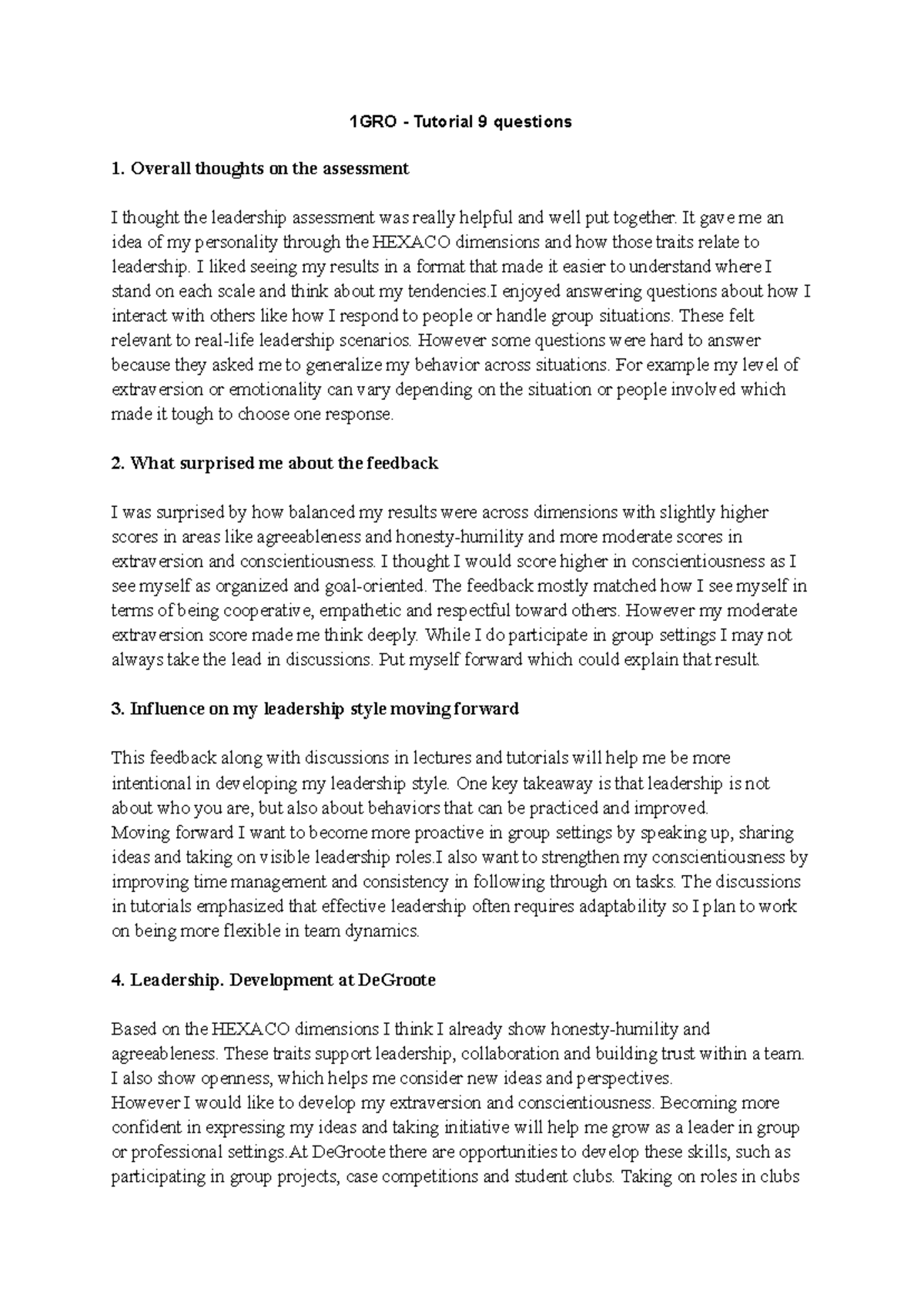 1GRO Tutorial 9: Leadership Assessment Reflections and Insights - Studocu