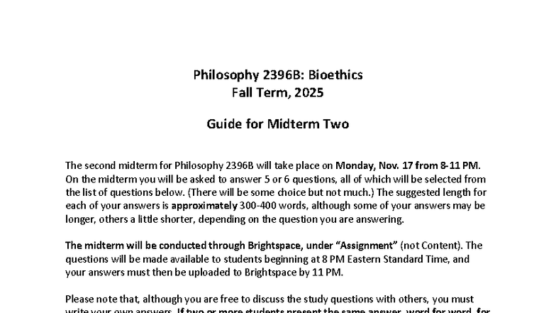 Philosophy 2396B: Midterm Two Study Guide for Bioethics - Studocu