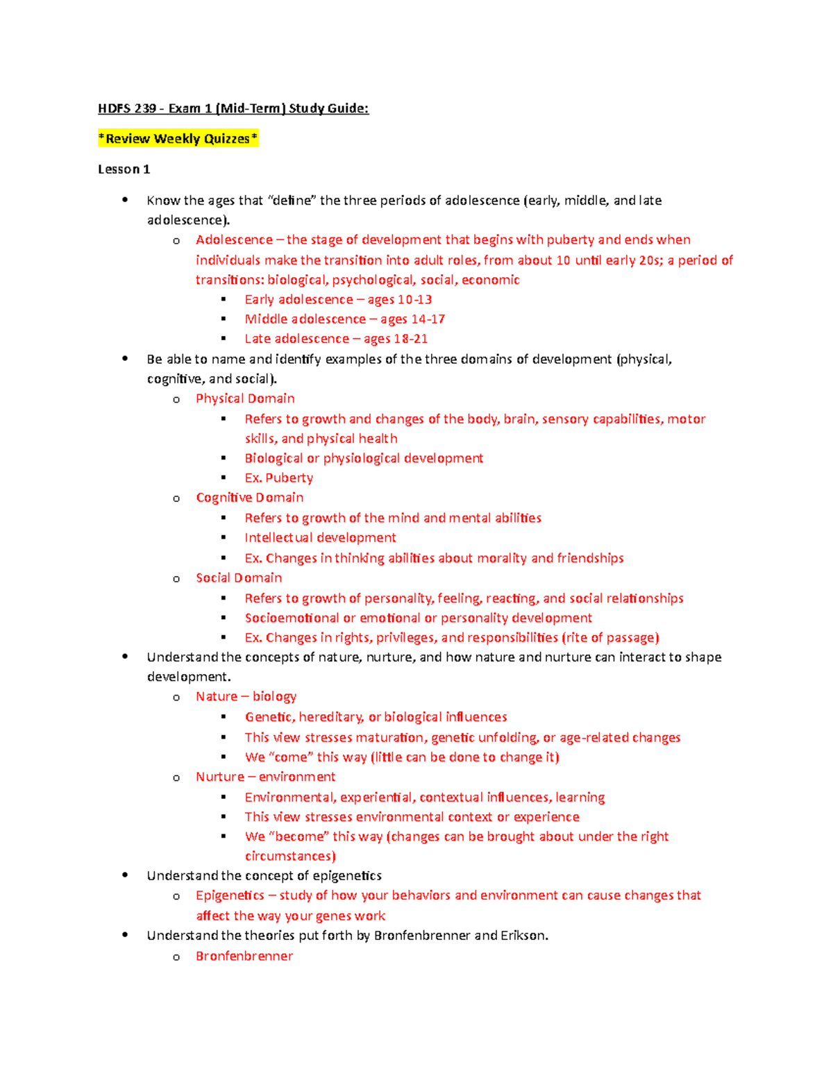 HDFS 239 Midterm Exam 1 Comprehensive Study Guide - Studocu