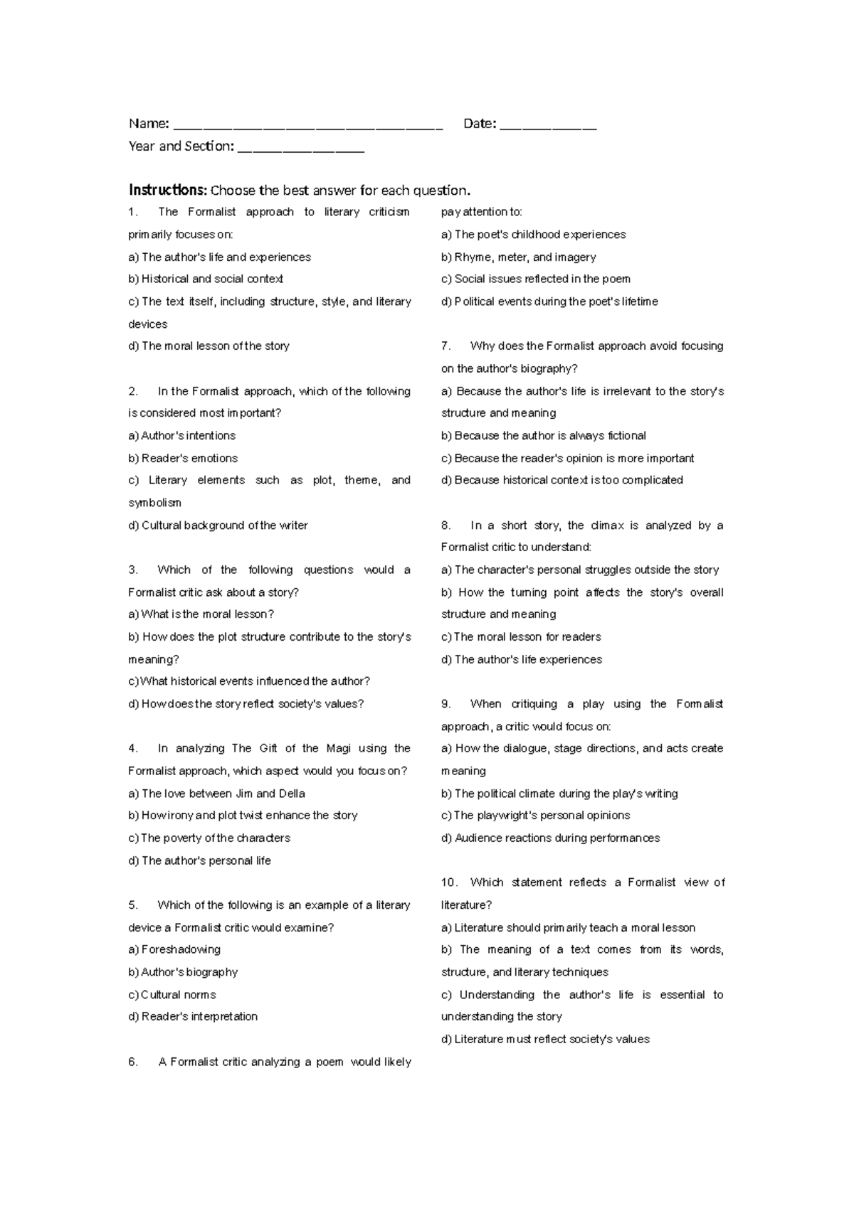 ENG 101 - Formalist Literary Criticism: Lesson Plan - Studocu