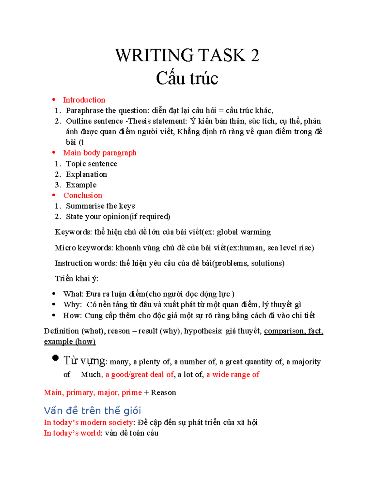 Writing TASK 2 - WRITING TASK 2 Cấu trúc Introduction 1. Paraphrase the ...