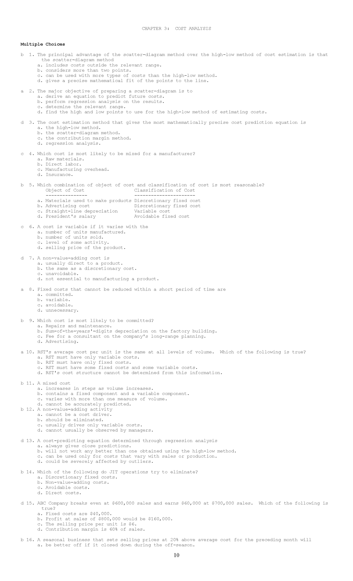 Mas 3 - Multiple Choice Questions for Chapter 3: Cost Analysis Practice ...