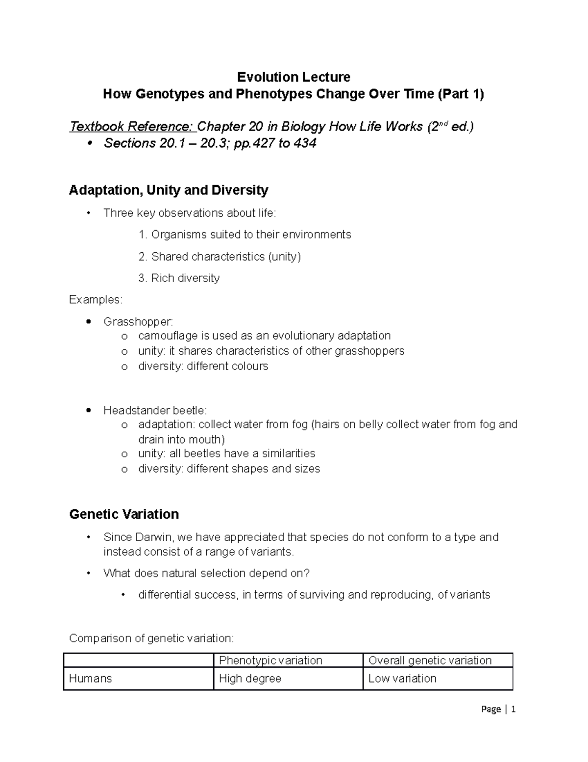 CH 20 3e Evolution Lecture Notes: Genotypes & Phenotypes (Pt 1) - Studocu