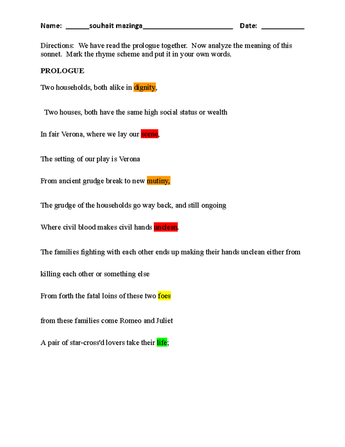 RJ Prologue Analysis - Sonnet Meaning & Rhyme Scheme - Studocu